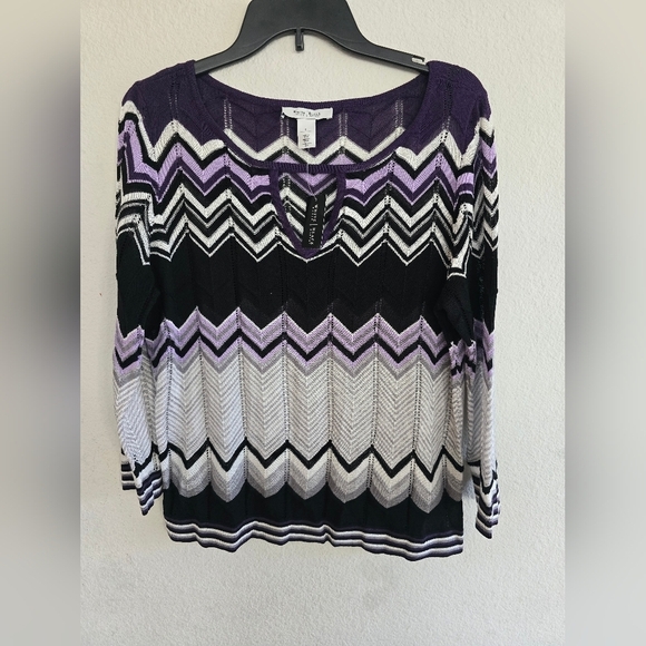 WHBM Blouse Women Sz L Long Sleeve Color Block Pleated Lace Cut Out Colorful - Picture 3 of 12